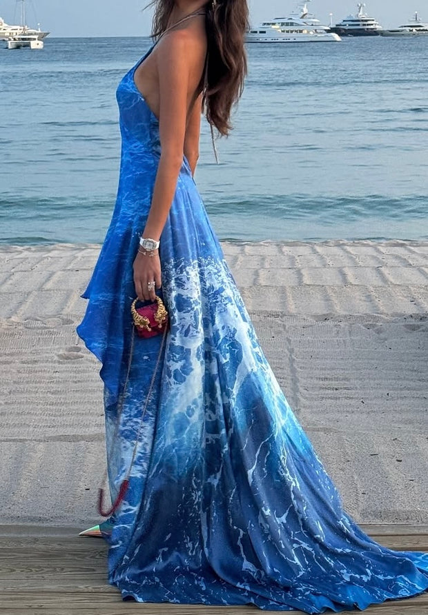 Beautiful Halter Waist Trimming Printing Slimming Dress