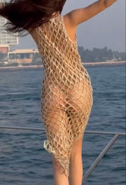 Sexy V-neck Brace Diamond Plaid Hollow Dress