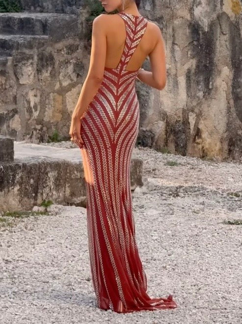 Sexy Halter round Neck Striped Sequins Backless Dress