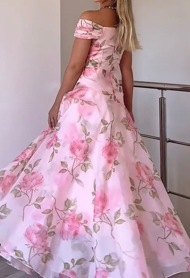 Graceful and Fashionable High Waist Print Three-Dimensional Flower Dress