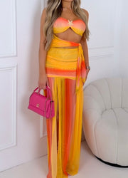 Women's Sexy Temperament Holiday Fashion Tube Top Gradient Pleated Casual Two-Piece Suit Skirt