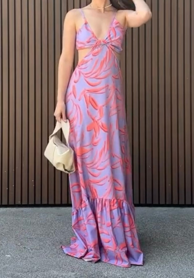 Sexy Spaghetti-Strap Floral Print Hollow Dress