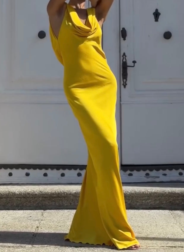 Solid Color Sexy Swing Collar Bare Back Strap Hip Bag Dress