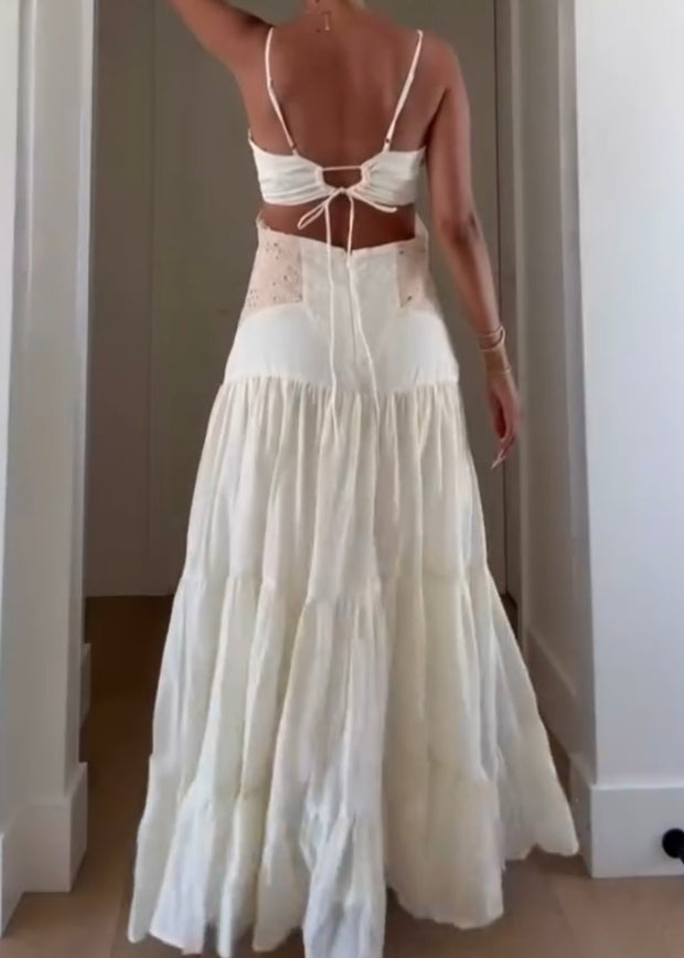 Sexy Suspender Stitching Ruffle Long Dress