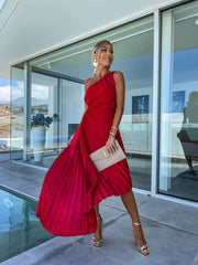Full Size Single Shoulder Pleated Midi Dress Plus Size