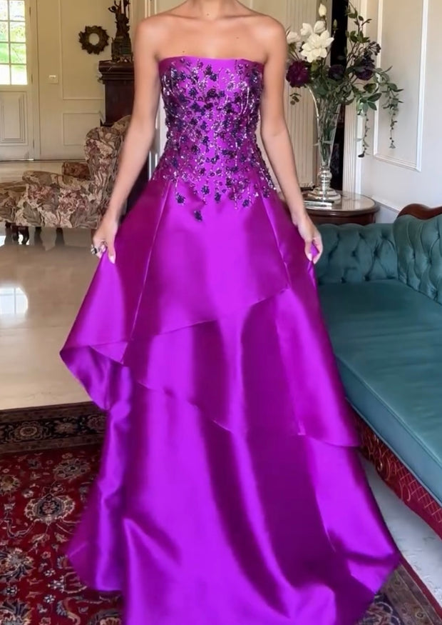 Elegant Exquisite Rhinestone Sequined Satin Long Dress
