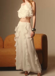 Halter Off-the-Shoulder Midriff Outfit Ruffled Solid Color Dress Suit