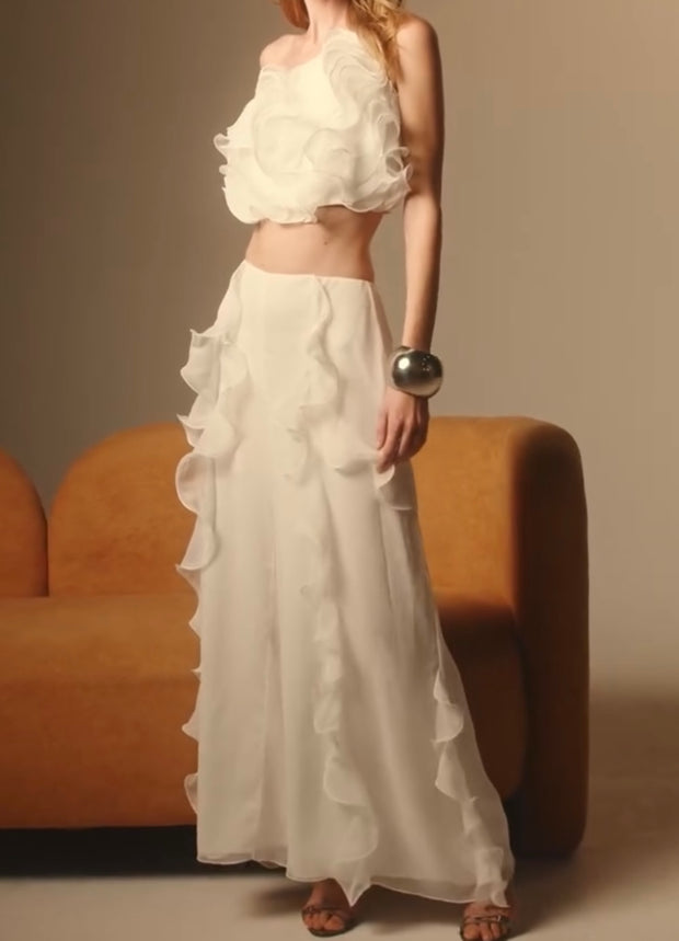 Halter Off-the-Shoulder Midriff Outfit Ruffled Solid Color Dress Suit