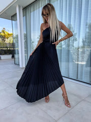 Full Size Single Shoulder Pleated Midi Dress Plus Size