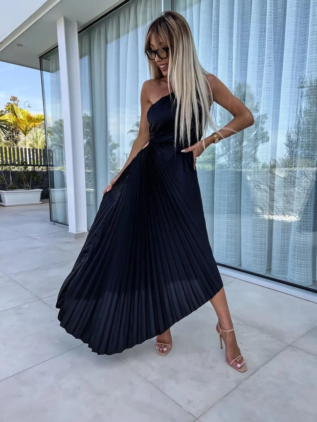 Full Size Single Shoulder Pleated Midi Dress Plus Size
