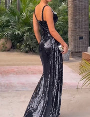 Sexy Heavy-Duty Strap Diamond-Embedded Glossy Hollow Dress