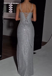 Socialite Style Elegant Sexy Slim-Fit Shiny High Slit Dress Suspender Dress