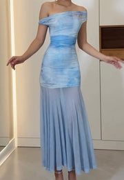 Mint Blue Stitching Mesh Irregular Shoulder Two-Piece Set Dress