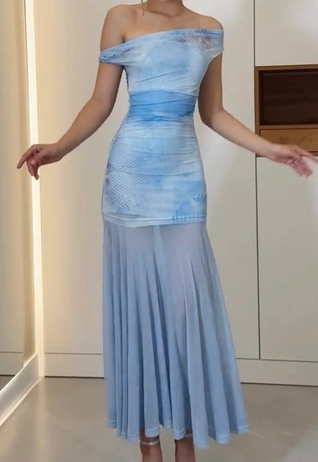 Mint Blue Stitching Mesh Irregular Shoulder Two-Piece Set Dress
