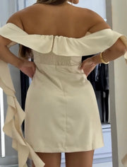 off-Shoulder off-Shoulder Ribbon Hip Bag Fashionable Pleated Slim Fit Dress