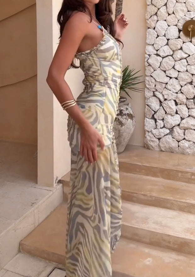Vintage Printing Swing Collar Sexy Halter Backless Slit Dress