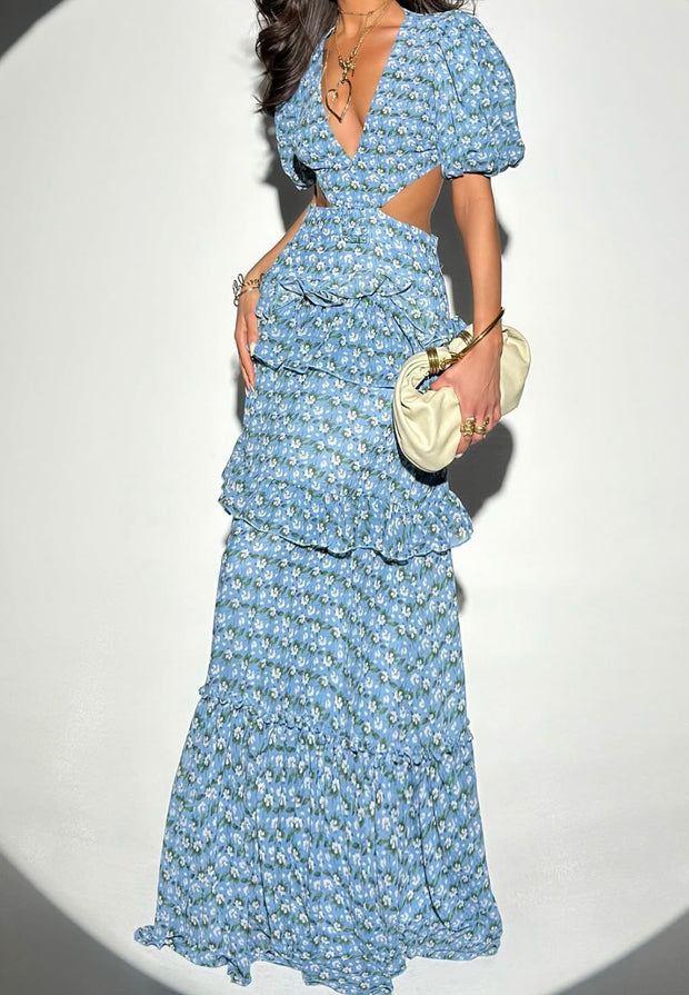 Fashionable Temperament Short Sleeve V-neck Printed Hollow out Cake Dress
