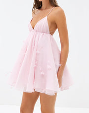 Sexy Pleated Deep V Three-Dimensional Flower Sling Dress
