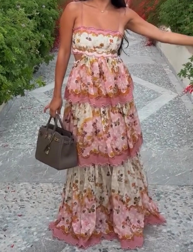 Printed Laminated Backless Suspender Layered Dress