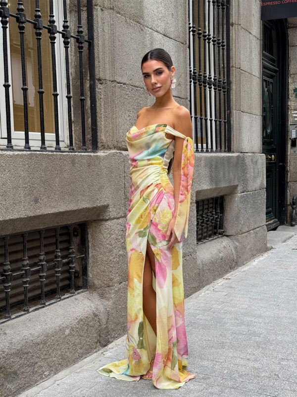 Sexy Tube Top Printed Ribbon Split Dress
