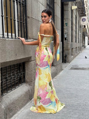 Sexy Tube Top Printed Ribbon Split Dress
