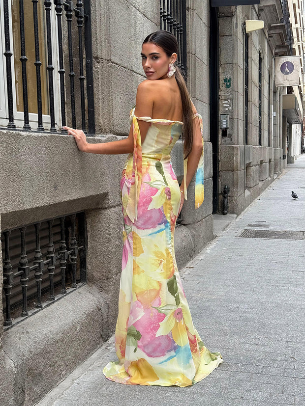 Sexy Tube Top Printed Ribbon Split Dress