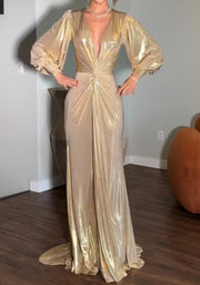 Elegant Deep V Satin Long Sleeve Pleated Dress