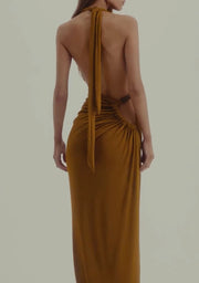 Sexy Halter Solid Color Hollow Pleated Dress