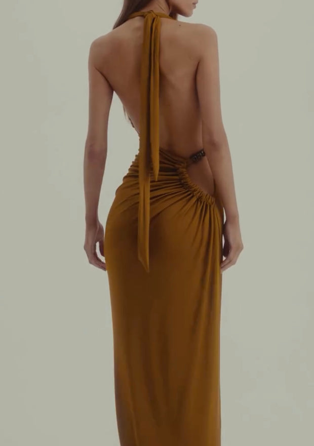 Sexy Halter Solid Color Hollow Pleated Dress