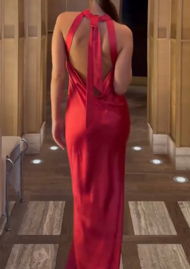 Elegance Sleeveless Halter Slim Fit Backless Satin Fashion Simple Fishtail Hip Bag Dress