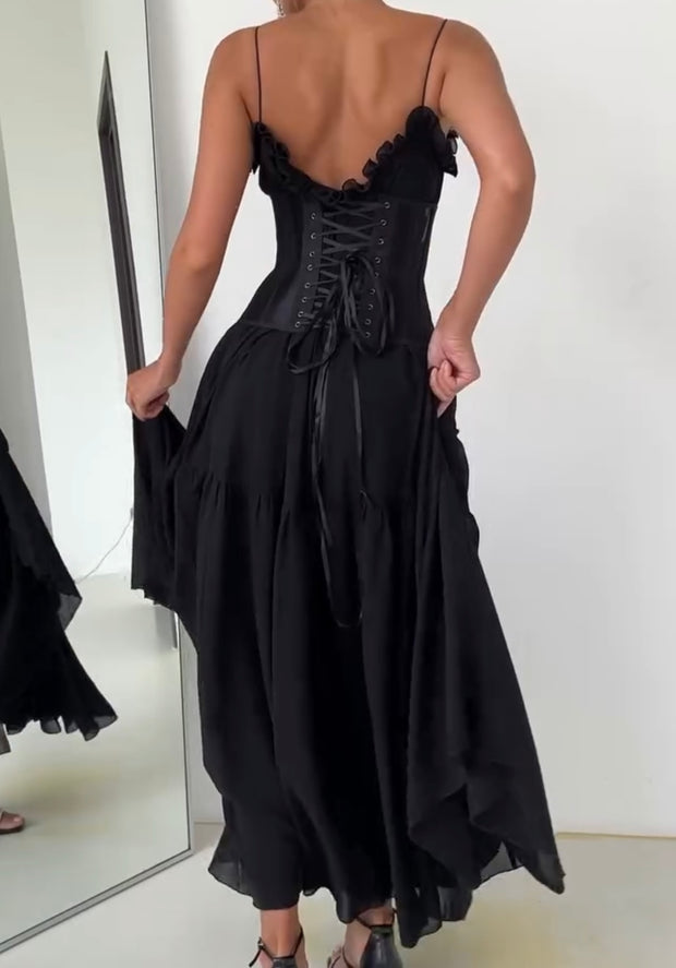Sexy Sling Waist Fishbone Lace-up Dress