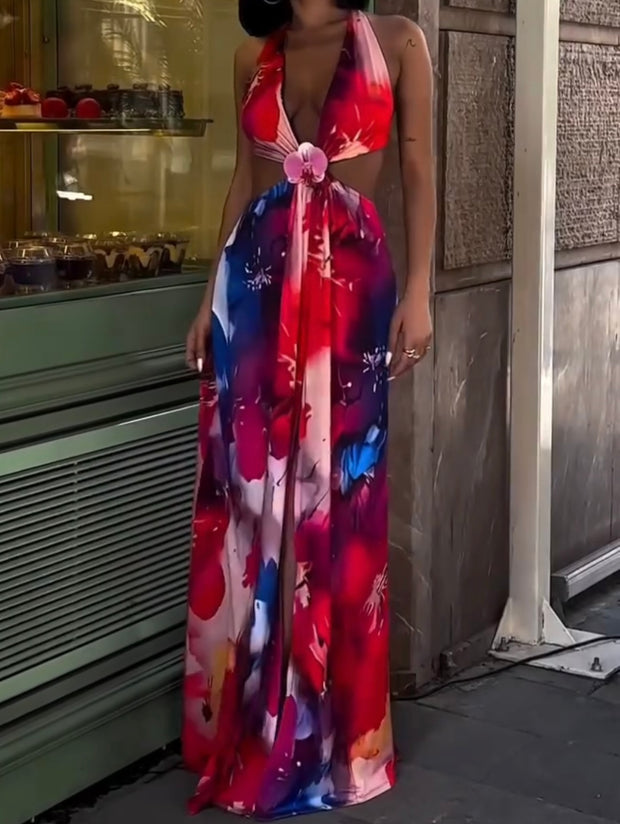 Sexy Halter Printed Backless Side Split Dress