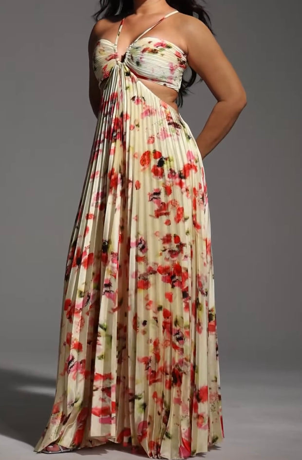 Sexy Floral Tube Top Halter Backless Pleated Waist Tight Pleated Dress