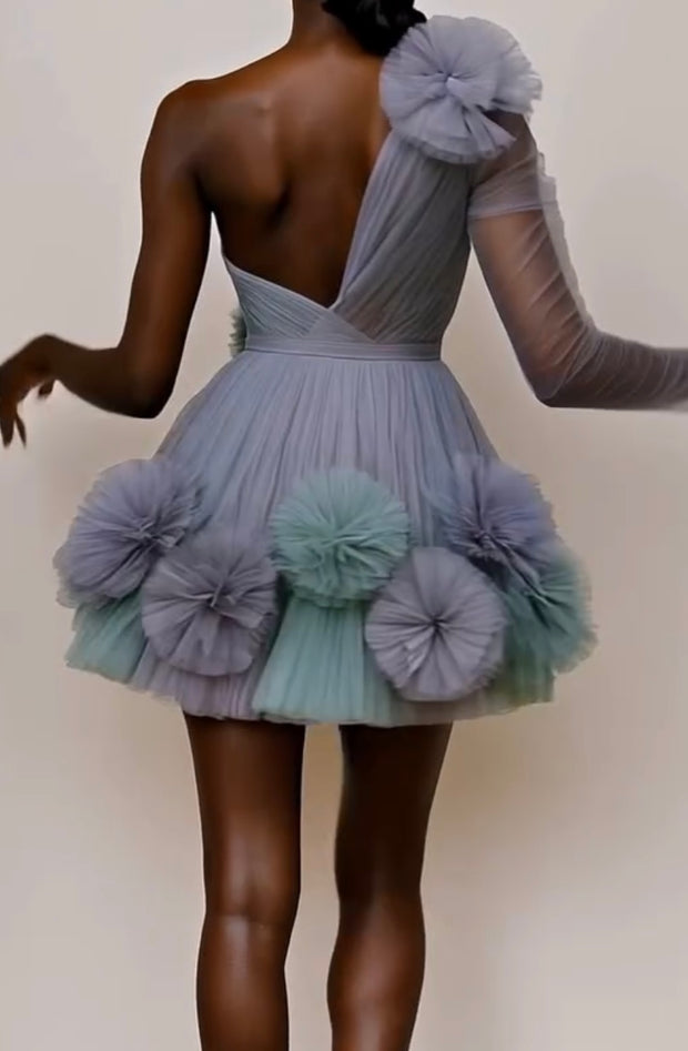 Sexy Oblique Shoulder Gradient Color Mesh Three-Dimensional Flower Pleated Dress