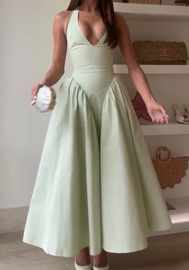 Sexy Fashion Halter Solid Color Sleeveless Dress