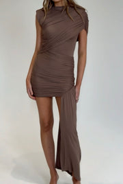 Fashion Slim round Neck Pleated Hip Irregular Sleeveless Dress
