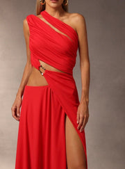 Elegant Slant Shoulder Buckle Hollow Split Dress