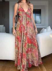 Fashionable, Elegant and Sexy Backless Print Midi Skirt Dress