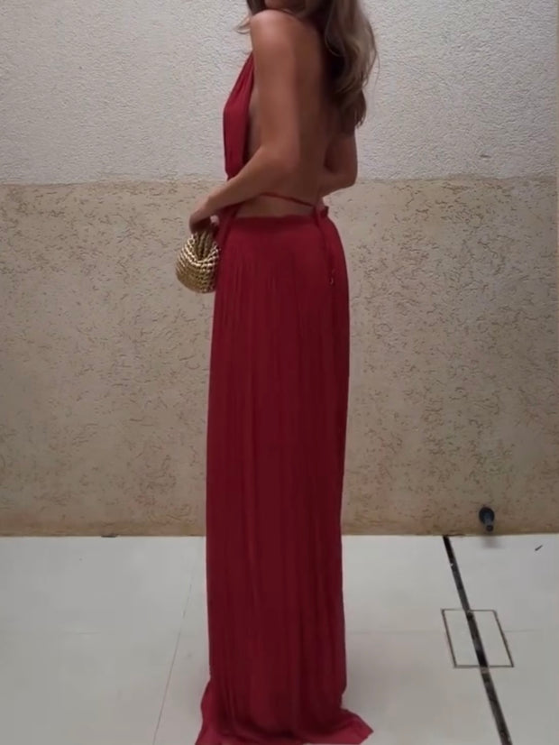 Elegant Halter Backless V-neck Pleated Dress