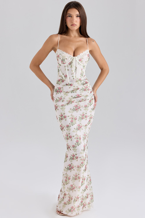 Sexy Spaghetti-Strap Floral Print Lace Chest Wrap Fishbone Dress