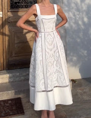 Elegant Lace Embroidery Long Dress with Suspenders