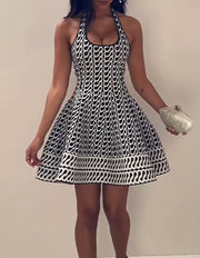 Halterneck with Suspenders Sexy Slim Fit Backless Black Striped Dress