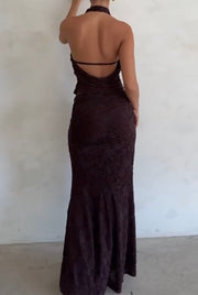 Elegant Halter Three-Dimensional Flower Embroidered Split Dress