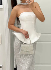 Sexy Tube Top with Curved Edges Stitching Silver Shiny Dress