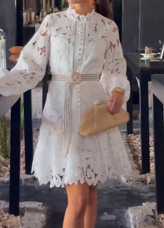 A- line Ruffled Hollow Lace Dress