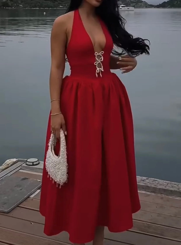 Elegant Halter Bow Deep V-neck Backless Sexy Tulle Tutu Dress