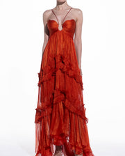 Sexy Neck Wrap Chest Pleated Mesh Dress