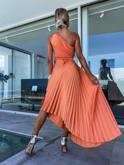 Full Size Single Shoulder Pleated Midi Dress Plus Size