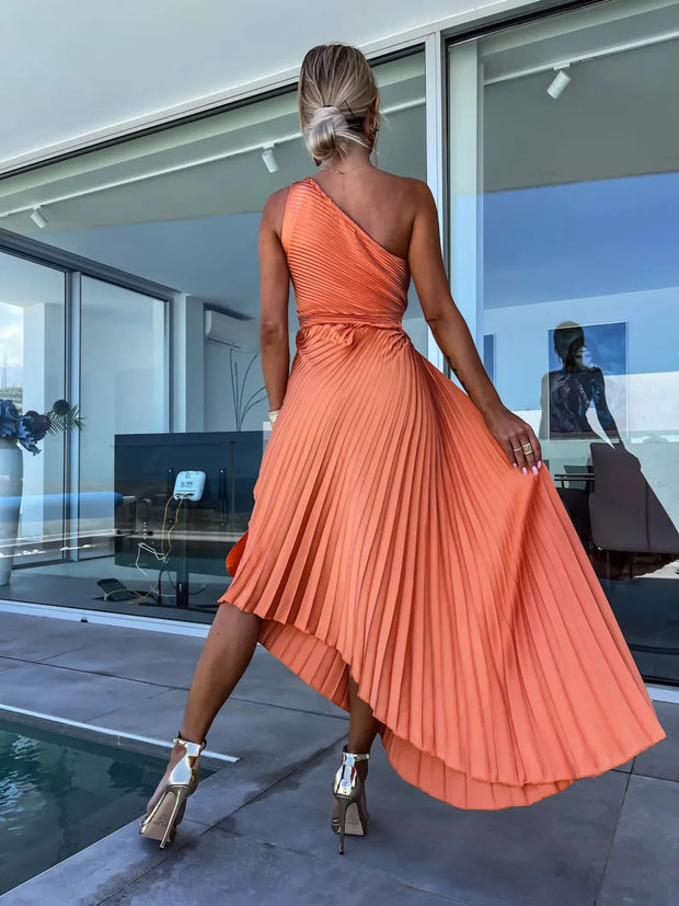 Full Size Single Shoulder Pleated Midi Dress Plus Size
