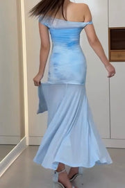 Mint Blue Stitching Mesh Irregular Shoulder Two-Piece Set Dress